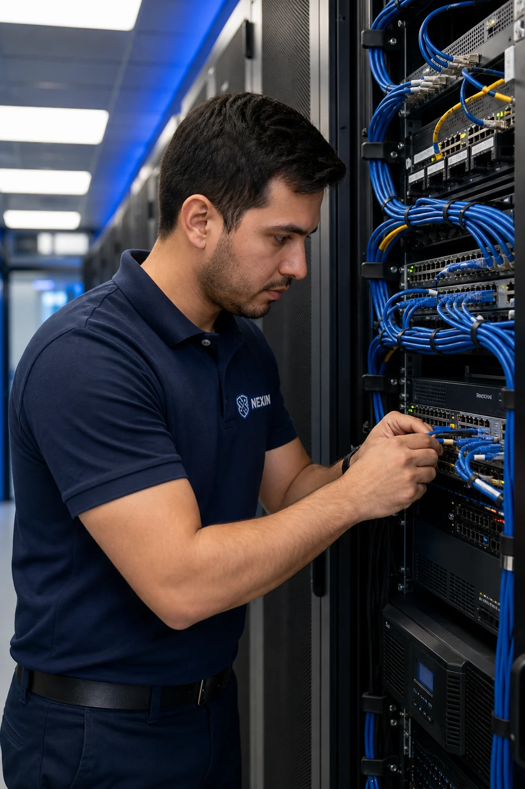 Técnico de Nexin implementando infraestructura de red empresarial